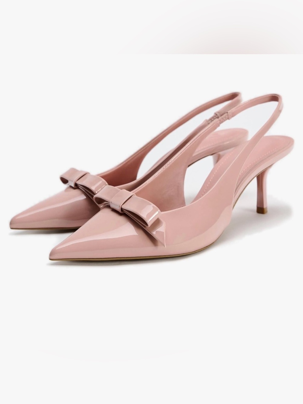 Zara Dusty Pink Patent Pointed Slingback Flats with Bow Accent